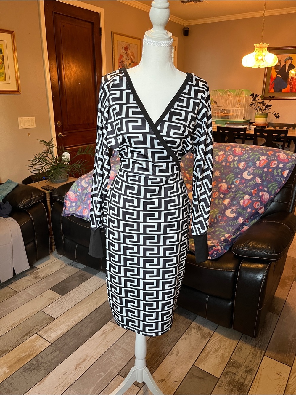Black & White Geometric Wrap-Style Midi Dress